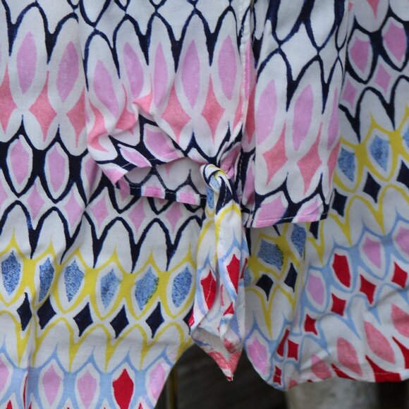 Talbots Multicolor Diamond Print Keyhole w Button Neck Tie Cuffs Rayon Tunic XL - Picture 7 of 10